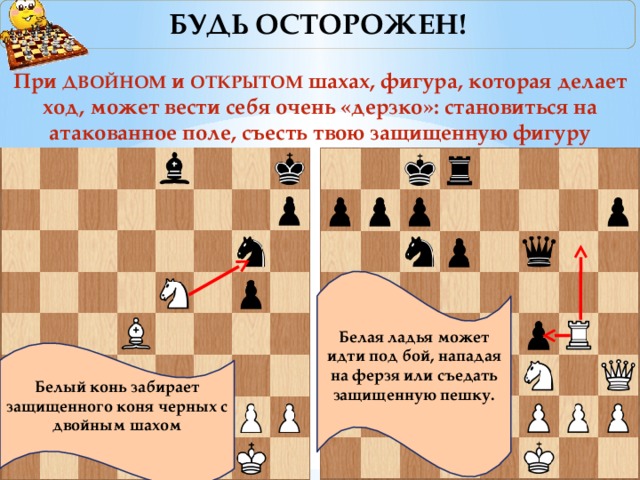 БУДЬ ОСТОРОЖЕН! При ДВОЙНОМ и ОТКРЫТОМ шахах, фигура, которая делает ход, может вести себя очень «дерзко»: становиться на атакованное поле, съесть твою защищенную фигуру    Белая ладья может идти под бой, нападая на ферзя или съедать защищенную пешку.  Белый конь забирает защищенного коня черных с двойным шахом 