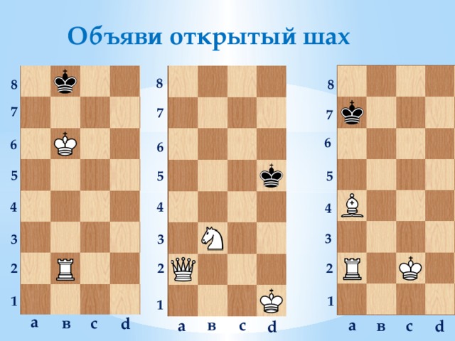  Объяви открытый шах 8 8 8 7 7 7 6 6 6 5 5 5 4 4 4 3 3 3 2 2 2 1 1 1 a в c d c в a c в a d d 