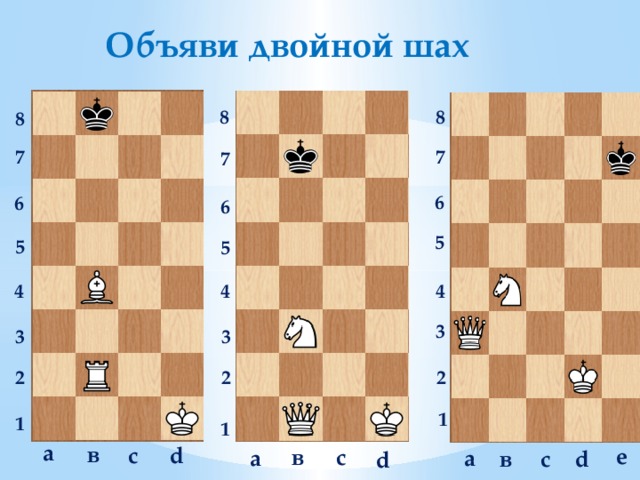 Объяви двойной шах  8 8 8 7 7 7 6 6 6 5 5 5 4 4 4 3 3 3 2 2 2 1 1 1 a в d c e в c a a d в c d   