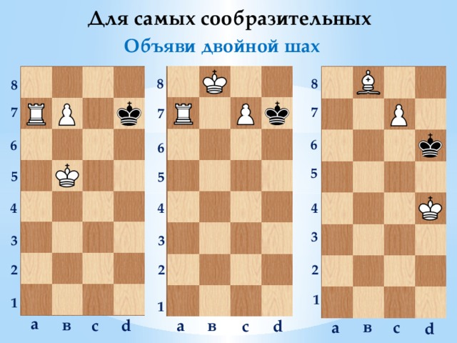 Для самых сообразительных  Объяви двойной шах 8 8 8 7 7 7 6 6 6 5 5 5 4 4 4 3 3 3 2 2 2 1 1 1 a в в c d a d c в c a d   