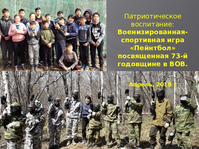 Патриотическое воспитание: Военизированная-спортивная игра «Пейнтбол» посвященная 73-й годовщине в ВОВ.   Апрель, 2018 г 