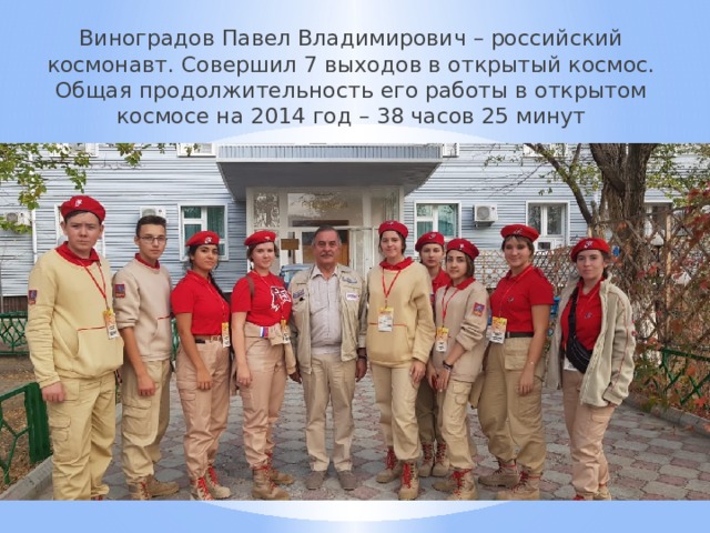 Виноградов Павел Владимирович – российский космонавт. Совершил 7 выходов в открытый космос. Общая продолжительность его работы в открытом космосе на 2014 год – 38 часов 25 минут 