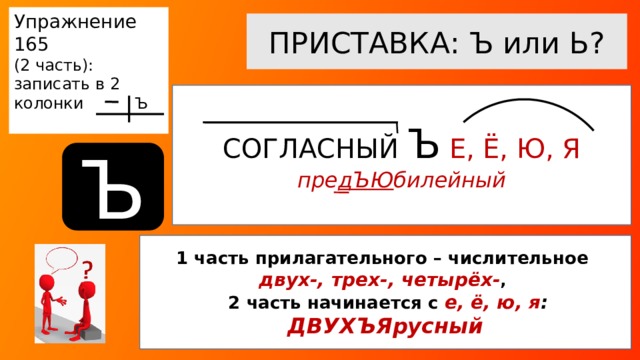 Упражнение 165 (2 часть): записать в 2 колонки Ъ ПРИСТАВКА: Ъ или Ь? СОГЛАСНЫЙ Ъ  Е, Ё, Ю, Я пре дЪЮ билейный Ъ 1  часть прилагательного – числительное двух-, трех-, четырёх- ,  2 часть начинается с е, ё, ю, я : ДВУХЪЯрусный  
