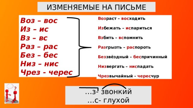 ИЗМЕНЯЕМЫЕ НА ПИСЬМЕ Воз – вос Воз раст – вос ходить Из – ис  Вз – вс Из бежать – ис париться Раз – рас  Вз бить – вс помнить Без – бес Низ – нис  Раз грызть – рас пороть Чрез - черес  Без звёздный – бес причинный  Низ вергать – нис падать  Чрез вычайный - черес чур Остановиться *на приставках ЧР ЕЗ-ЧЕРЕС (чередование Е//нуль звука) , *НИЗ-НИС (значение приставки вниз : нис падать  книжн. ,  поэт.   падать  вниз;  свешиваться ,  спускаться  ◆ Локоны  ниспадали  на плечи. ◆ Я расскажу тебе, как  ниспадает  туман // На молодые деревья, на старые пни.  М. И. Цветаева , « Я расскажу тебе — про великий обман… »  ◆ От лиры искры побежали // И вседробящею струей, // Как пламень Божий,  ниспадали  // На чела бедные царей.  Ф. И. Тютчев , « К оде Пушкина на Вольность »; низ вергать  1 книжн.   заставлять  падать вниз;  сбрасывать ,  сваливать ;  ниспровергать , 2 перен.  лишать власти;  свергать , 3 перен.  показывая несостоятельность, неправильность, ничтожность чего-либо,  лишать  незаслуженного признания, уважения; развенчивать, опровергать. … з- звонкий … с- глухой  