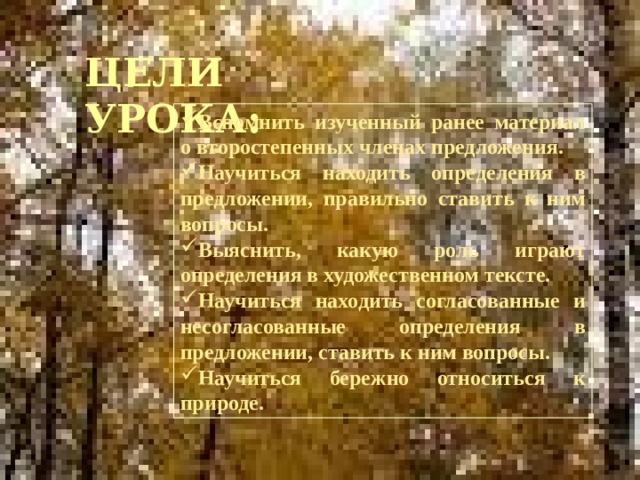 ЦЕЛИ УРОКА: Вспомнить изученный ранее материал о второстепенных членах предложения. Научиться находить определения в предложении, правильно ставить к ним вопросы. Выяснить, какую роль играют определения в художественном тексте. Научиться находить согласованные и несогласованные определения в предложении, ставить к ним вопросы. Научиться бережно относиться к природе. 