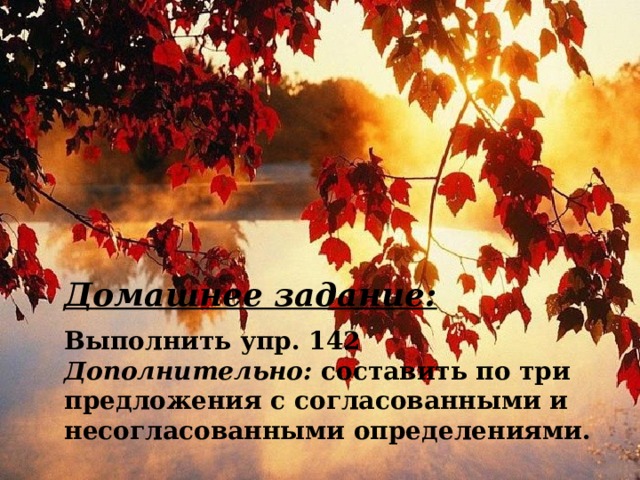 Домашнее задание:  Выполнить упр. 142 Дополнительно: составить по три предложения с согласованными и несогласованными определениями. 