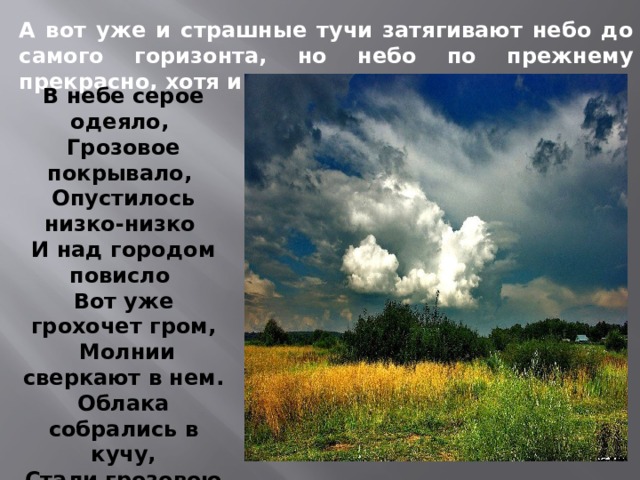 А вот уже и страшные тучи затягивают небо до самого горизонта, но небо по прежнему прекрасно, хотя и выглядит грозно. В небе серое одеяло, Грозовое покрывало, Опустилось низко-низко И над городом повисло Вот уже грохочет гром,  Молнии сверкают в нем. Облака собрались в кучу, Стали грозовою тучей. 