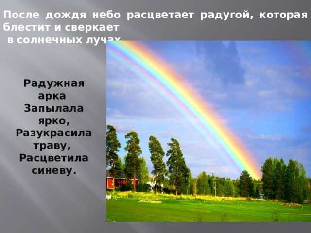 После дождя небо расцветает радугой, которая блестит и сверкает  в солнечных лучах. Радужная арка Запылала ярко, Разукрасила траву, Расцветила синеву. 