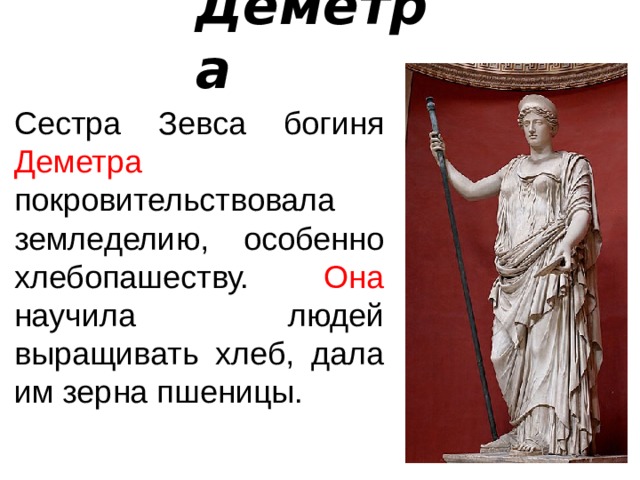 Деметра Сестра Зевса богиня Деметра покровительствовала земледелию, особенно хлебопашеству. Она научила людей выращивать хлеб, дала им зерна пшеницы. 