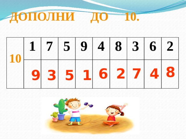 ДОПОЛНИ ДО 10.  10 1 7 5 9 4 8 3 6 2 8 2 6 7 4 9 3 5 1 