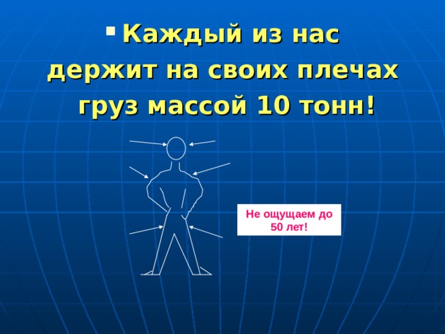 Каждый из нас держит на своих плечах  груз массой 10 тонн! Не ощущаем до 50 лет! 