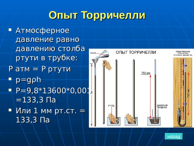 Опыт Торричелли Атмосферное давление равно давлению столба ртути в трубке : P атм = P ртути  p=g ρ h P=9 , 8 *13600*0,001=133,3 Па Или 1 мм рт.ст. = 133,3 Па назад 