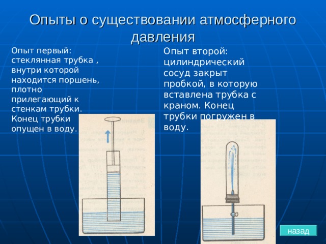 Опыты о существовании атмосферного давления Опыт первый : стеклянная трубка , внутри которой находится поршень, плотно прилегающий к стенкам трубки. Конец трубки опущен в воду. Опыт второй : цилиндрический сосуд закрыт пробкой, в которую вставлена трубка с краном. Конец трубки погружен в воду. назад 