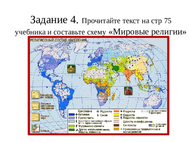 Задание 4. Прочитайте текст на стр 75 учебника и составьте схему «Мировые религии» 