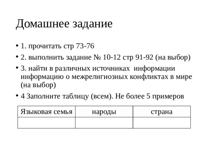 Домашнее задание 1. прочитать стр 73-76 2. выполнить задание № 10-12 стр 91-92 (на выбор) 3. найти в различных источниках информации информацию о межрелигиозных конфликтах в мире (на выбор) 4 Заполните таблицу (всем). Не более 5 примеров Языковая семья народы страна 