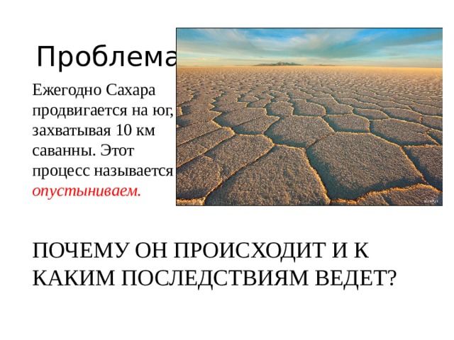 Проблема Ежегодно Сахара продвигается на юг, захватывая 10 км саванны. Этот процесс называется опустыниваем.  ПОЧЕМУ ОН ПРОИСХОДИТ И К КАКИМ ПОСЛЕДСТВИЯМ ВЕДЕТ?  