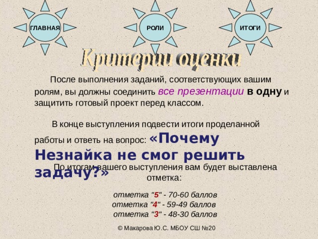 РОЛИ ГЛАВНАЯ ИТОГИ  После выполнения заданий, соответствующих вашим ролям, вы должны соединить все презентации  в одну и защитить готовый проект перед классом.  В конце выступления подвести итоги проделанной работы и ответь на вопрос:  «Почему Незнайка не смог решить задачу?»   По итогам вашего выступления вам будет выставлена отметка:  отметка 
