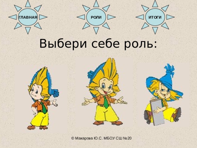 РОЛИ ГЛАВНАЯ ИТОГИ Выбери себе роль: © Макарова Ю.С. МБОУ СШ №20 