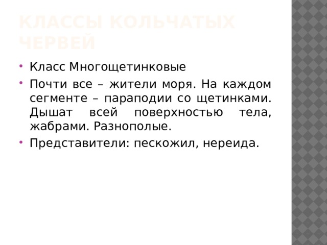 Классы кольчатых червей Класс Многощетинковые Почти все – жители моря. На каждом сегменте – параподии со щетинками. Дышат всей поверхностью тела, жабрами. Разнополые. Представители: пескожил, нереида. 