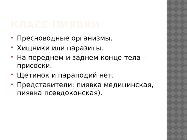 Класс пиявки Пресноводные организмы. Хищники или паразиты. На переднем и заднем конце тела – присоски. Щетинок и параподий нет. Представители: пиявка медицинская, пиявка псевдоконская). 