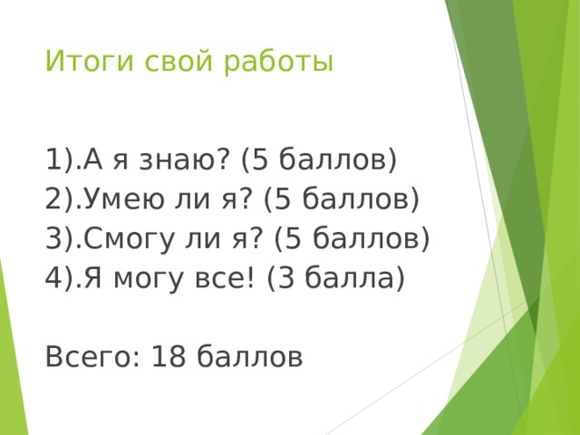 Итоги свой работы 1).А я знаю? (5 баллов) 2).Умею ли я? (5 баллов) 3).Смогу ли я? (5 баллов) 4).Я могу все! (3 балла) Всего: 18 баллов 
