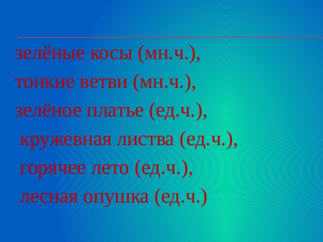 зелёные косы (мн.ч.), тонкие ветви (мн.ч.), зелёное платье (ед.ч.),  кружевная листва (ед.ч.),  горячее лето (ед.ч.),  лесная опушка (ед.ч.) 