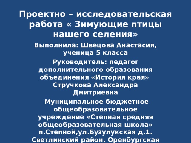 Проектно – исследовательская работа « Зимующие птицы нашего селения»   Выполнила: Швецова Анастасия, ученица 5 класса Руководитель: педагог дополнительного образования объединения «История края» Стручкова Александра Дмитриевна  Муниципальное бюджетное общеобразовательное учреждение «Степная средняя общеобразовательная школа» п.Степной,ул.Бузулукская д.1. Светлинский район. Оренбургская область. 