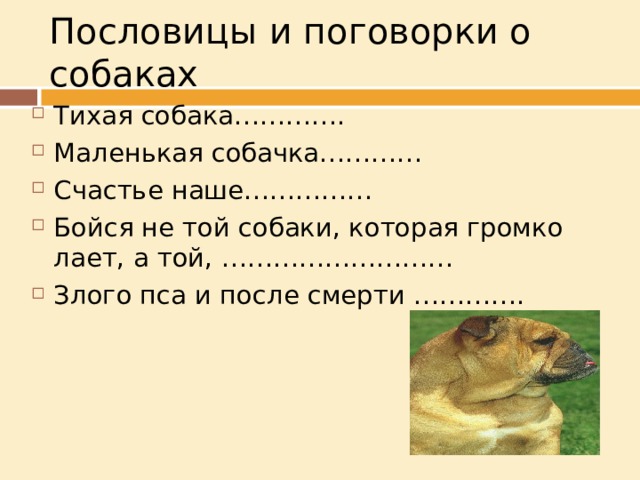 Пословицы и поговорки о собаках Тихая собака…………. Маленькая собачка………… Счастье наше…………… Бойся не той собаки, которая громко лает, а той, ……………………… Злого пса и после смерти …………. 