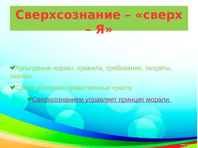 Сверхсознание – «сверх – Я» Культурные нормы, правила, требования, запреты, законы Среда обитания нравственных чувств Сверхсознанием управляет принцип морали. 