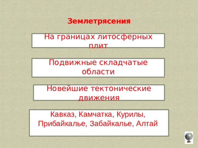 Землетрясения   На границах литосферных плит Подвижные складчатые области Новейшие тектонические движения Кавказ, Камчатка, Курилы, Прибайкалье, Забайкалье, Алтай 