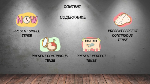 CONTENT   СОДЕРЖАНИЕ PRESENT PERFECT CONTINUOUS  TENSE PRESENT SIMPLE  TENSE PRESENT CONTINUOUS  TENSE PRESENT PERFECT  TENSE 