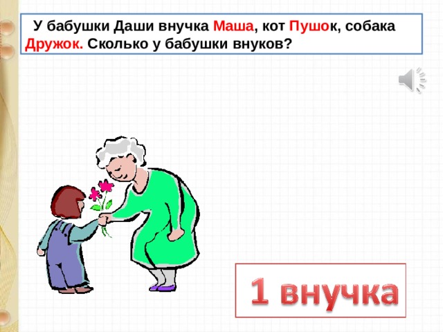  У бабушки Даши внучка Маша , кот Пушо к, собака Дружок. Сколько у бабушки внуков? 
