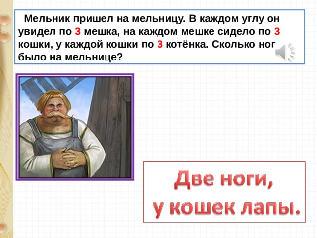  Мельник пришел на мельницу. В каждом углу он увидел по 3 мешка, на каждом мешке сидело по 3 кошки, у каждой кошки по 3 котёнка. Сколько ног было на мельнице? 