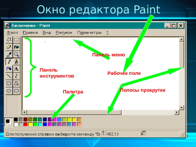 Окно редактора Paint Панель меню Панель инструментов Рабочее поле Полосы прокрутки Палитра