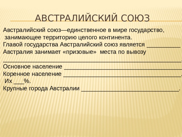Австралийский союз—единственное в мире государство,  занимающее территорию целого континента. Главой государства Австралийский союз является __________ . Австралия занимает «призовые» места по вывозу _____________________________________________________. Основное население ___________________________________. Коренное население ___________________________________.  Их ___%. Крупные города Австралии _____________________________. Австралийский союз 