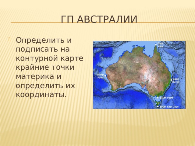 ГП Австралии Определить и подписать на контурной карте крайние точки материка и определить их координаты. 