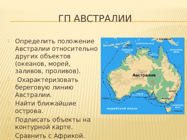 ГП Австралии Определить положение Австралии относительно других объектов (океанов, морей, заливов, проливов).  Охарактеризовать береговую линию Австралии. Найти ближайшие острова. Подписать объекты на контурной карте. Сравнить с Африкой. 