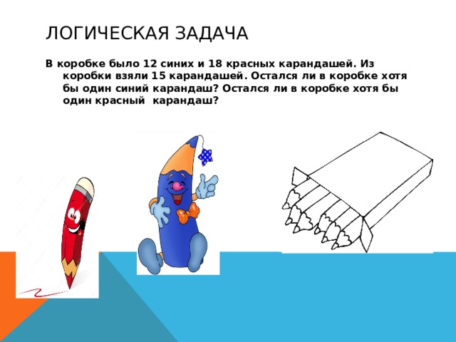 Логическая задача В коробке было 12 синих и 18 красных карандашей. Из коробки взяли 15 карандашей. Остался ли в коробке хотя бы один синий карандаш? Остался ли в коробке хотя бы один красный карандаш?  
