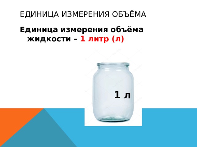 Единица измерения объёма Единица измерения объёма жидкости – 1 литр (л) 1 л 
