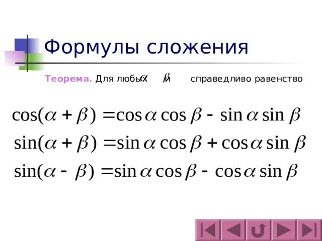Формулы сложения Теорема. Для любых и  справедливо равенство 