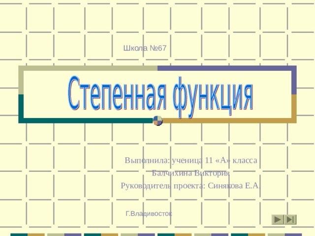 Школа №67 Выполнила: ученица 11 «А» класса Балчихина Виктория Руководитель проекта: Синякова Е.А. Г.Владивосток 