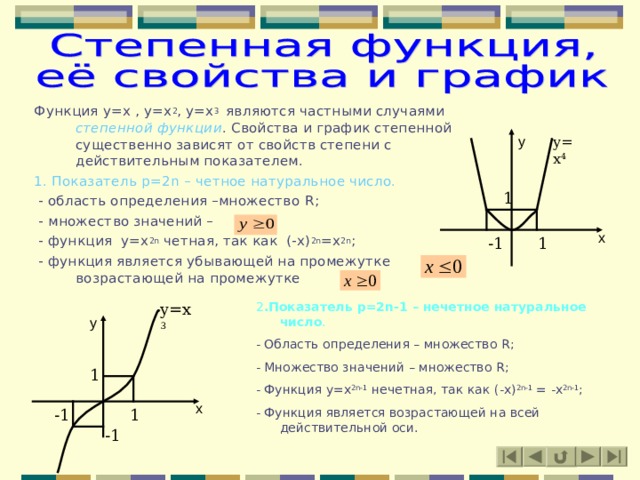 Функция y=x , y=x 2 , y=x 3  являются частными случаями  степенной функции . Свойства и график степенной существенно зависят от свойств степени с действительным показателем. 1. Показатель p=2n – четное натуральное число.  - область определения –множество R ;  - множество значений –  - функция y=x 2n четная, так как (- x) 2n =x 2n ;  - функция является убывающей на промежутке и возрастающей на промежутке . y=x 4 y 1 x -1 1 y=x 3 2 .Показатель p=2n-1 – нечетное натуральное число . - Область определения – множество R ; - Множество значений – множество R ; - Функция y=x 2n-1  нечетная, так как (-x) 2n-1 = -x 2n-1 ; - Функция является возрастающей на всей действительной оси. y 1 x -1 1 -1 