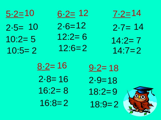 10  12  14  7 · 2=  5 · 2=  6 · 2=  12 2 · 6=  10 14 2 · 5=  2 · 7=  12:2= 6  10:2= 5 7 14:2=  2 12:6= 2  10:5= 14:7= 2 16  8 · 2 =  9 · 2 =  18  2 · 8= 16 2 · 9= 18 16:2= 8 18:2= 9 2 16:8=  18:9=  2 