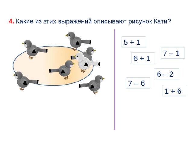 4. Какие из этих выражений описывают рисунок Кати? 5 + 1 7 – 1 6 + 1 6 – 2 7 – 6 1 + 6 