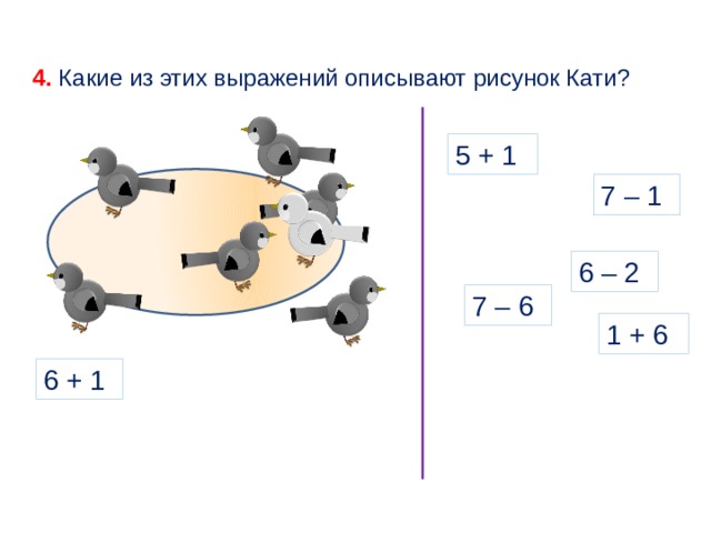 4. Какие из этих выражений описывают рисунок Кати? 5 + 1 7 – 1 6 – 2 7 – 6 1 + 6 6 + 1 
