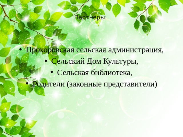  Партнёры:   Прохоровская сельская администрация, Сельский Дом Культуры, Сельская библиотека, Родители (законные представители) 