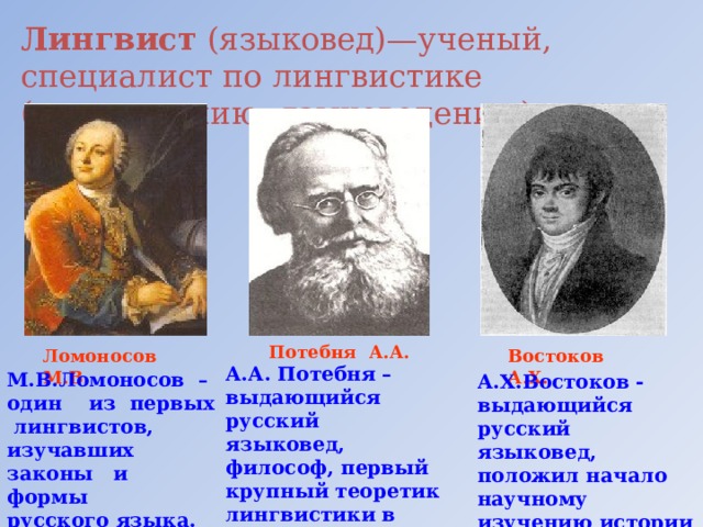 Лингвист (языковед)—ученый, специалист по лингвистике (языкознанию, языковедению). Потебня А.А. Ломоносов М.В. Востоков А.Х. А.А. Потебня –выдающийся русский языковед, философ, первый крупный теоретик лингвистики в России.  М.В.Ломоносов – один из первых лингвистов, изучавших законы и формы русского языка. А.Х.Востоков - выдающийся русский языковед, положил начало научному изучению истории славянских языков.      