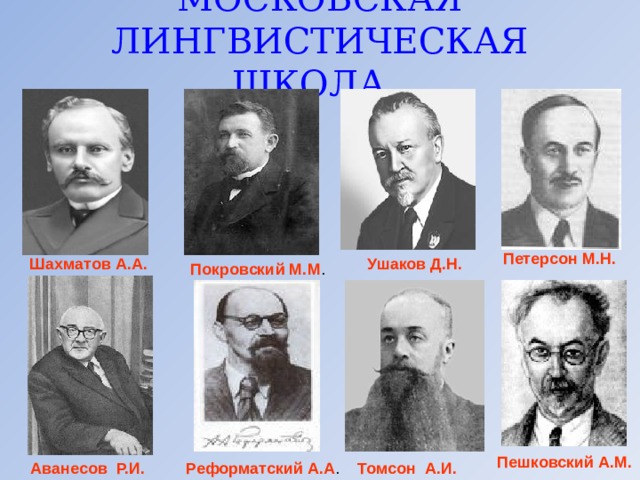 МОСКОВСКАЯ ЛИНГВИСТИЧЕСКАЯ ШКОЛА.  Петерсон М.Н. Ушаков Д.Н. Шахматов А.А. Покровский М.М . Пешковский А.М. Аванесов Р.И. Реформатский А.А . Томсон А.И. 