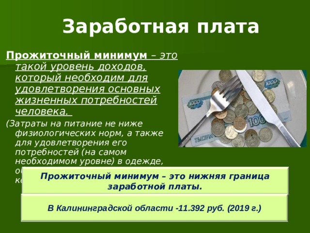 Заработная плата Прожиточный минимум – это такой уровень доходов, который необходим для удовлетворения основных жизненных потребностей человека. (Затраты на питание не ниже физиологических норм, а также для удовлетворения его потребностей (на самом необходимом уровне) в одежде, обуви, транспорте, оплате коммунальных услуг)  Прожиточный минимум – это нижняя граница заработной платы.   В Калининградской области -11.392 руб. (2019 г.)  