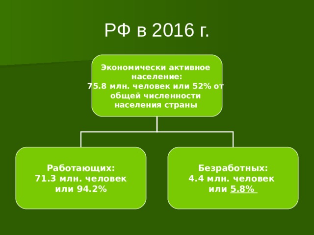 РФ в 2016 г. Экономически активное население:  75.8 млн. человек или 52% от общей численности населения страны Работающих:  71.3 млн. человек  или 94.2% Безработных:  4.4 млн. человек или 5.8% 